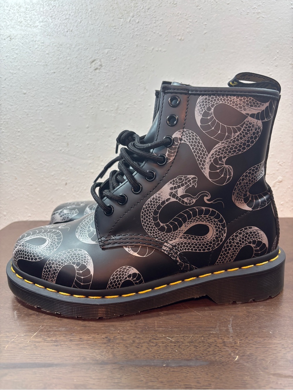 Dr. Martens Black Lace-Up Boots with White Snake Print and Yellow Stitching - Picture 4 of 8